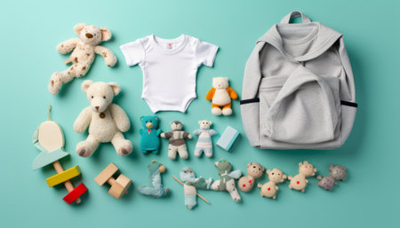 Flat lay composition with baby clothes, toys and accessories on color backgroundの素材
