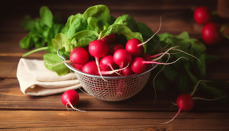 Basket with fresh radishes on wooden table, close-upの素材