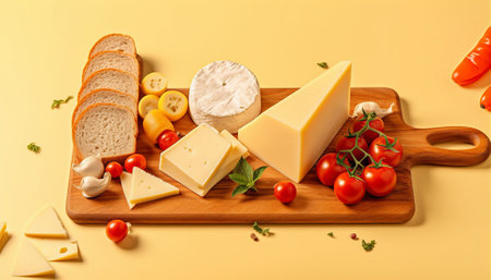 Different types of cheese on cutting board with tomatoes and bread on color backgroundの素材