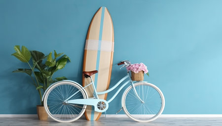 Bicycle with basket of flowers and surfboard on blue wall backgroundの素材
