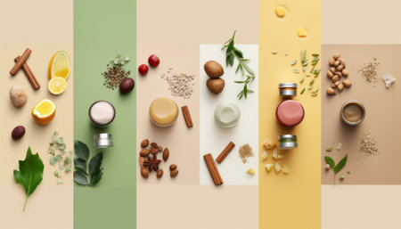 Natural organic cosmetics with herbs and spices on color background, flat layの素材