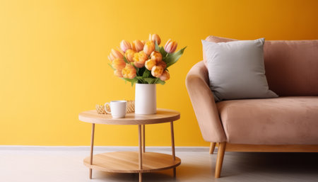 Comfortable sofa with cup of coffee and bouquet of tulips on table in roomの素材