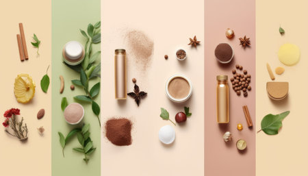 Collage of cosmetics and ingredients for skin care on pastel backgroundの素材