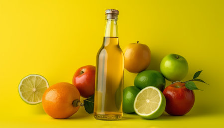 Bottle of apple cider with fruits on yellow background, copy spaceの素材