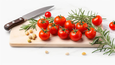 Tomatoes and rosemary on a cutting board with a knife.の素材