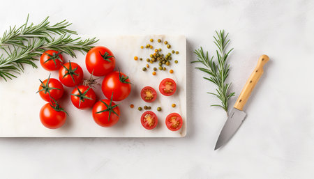 Tomatoes and rosemaryle board with knife, top viewの素材