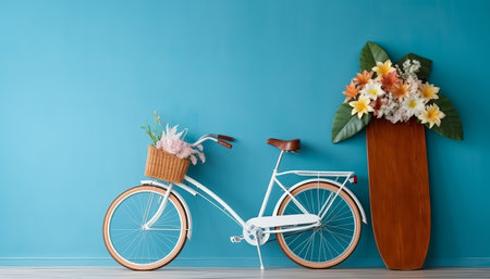 Bicycle with basket of flowers on blue wall background, copy spaceの素材