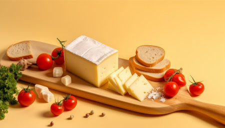 Cheese collection, variety of cheeses, cherry tomatoes and bread on yellow backgroundの素材