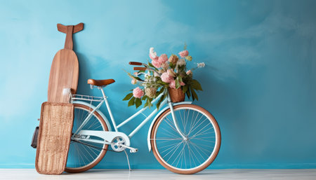 Bicycle with bouquet of flowers on wooden floor near blue wallの素材