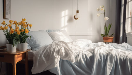 modern bedroom with white bed and daffodils in vaseの素材
