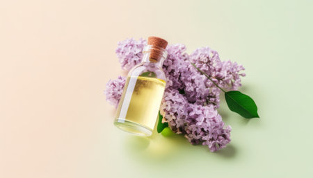 Essential oil in a small bottle with lilac flowers on a green backgroundの素材