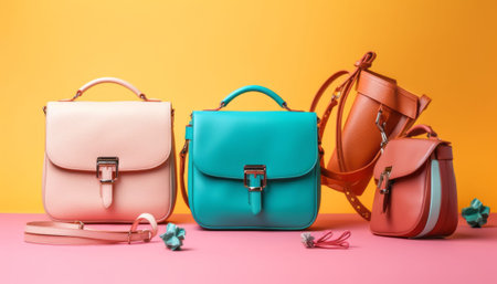 Group of women's leather bags on a pink and orange background.の素材