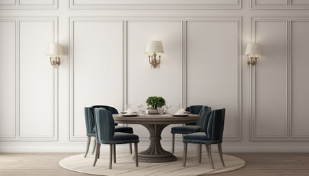 Classic dining room interior with armchairs and round table - 3d renderingの素材