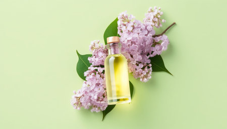 Bottle of essential oil and lilac flowers on green background, top viewの素材