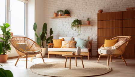 Interior of living room with furniture and plants. 3d renderの素材