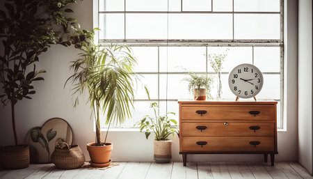 Interior of modern living room with plants, clock and wooden commodeの素材