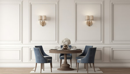 Dining room interior in classic style with blue armchairs and table.3d renderingの素材