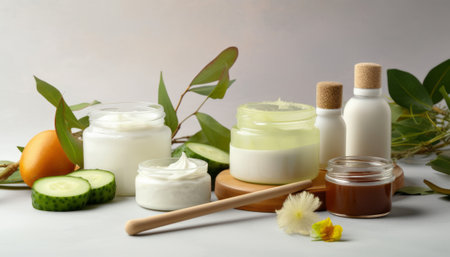 Jar of body cream, cucumber, soap and cream on light backgroundの素材