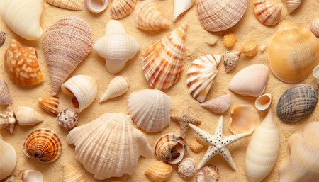 Seashells on sand background, top view. Sea vacationの素材