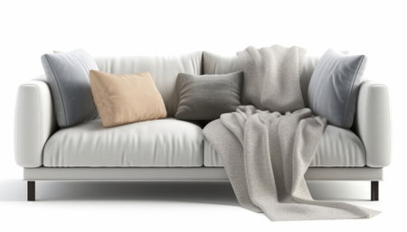 Modern sofa with pillows and plaid on white background. 3d renderの素材