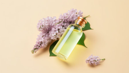 Bottle of essential oil and lilac flowers on color background, top viewの素材
