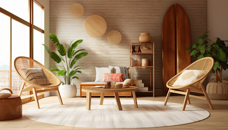 Interior of modern living room with wooden wall, 3d renderの素材