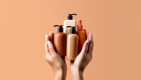 Female hands with manicure holding bottles of cosmetic products on orange backgroundの素材