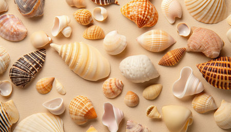 Seashells on beige background, top view. Sea vacation conceptの素材