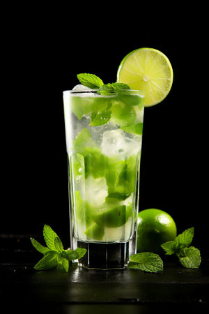 Mojito cocktail with lime and mint on a black background.の素材