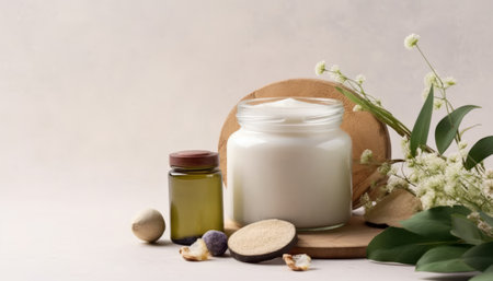 Organic cosmetics on a light background. Natural ingredients for skin care.の素材