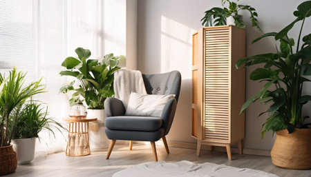 Modern living room interior with comfortable armchair and plants. Space for textの素材