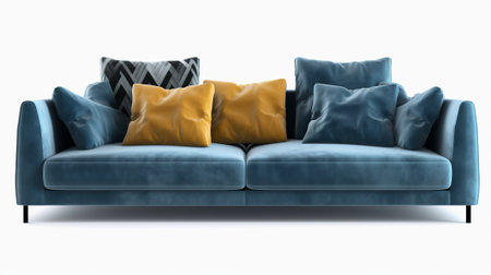 Modern blue sofa with pillows on white background. 3d renderの素材