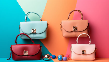 Women's handbags on a colorful background. Fashionable concept.の素材