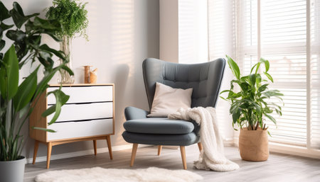 Comfortable armchair with pillows and plaid in living roomの素材