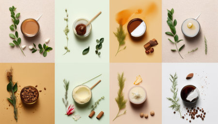 Collage of different types of coffee on color background, top viewの素材