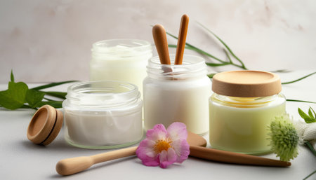 Jars with natural cosmetic products and flowers on light background, closeupの素材