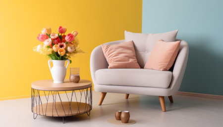 Comfortable armchair and vase with tulips on color wall backgroundの素材