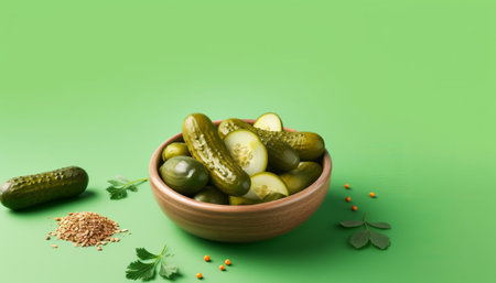 Pickled cucumbers in a bowl on a green background with copy space.の素材