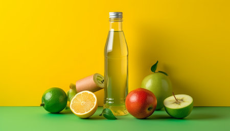 bottle of apple juice, lime, lemon and kiwi on yellow backgroundの素材