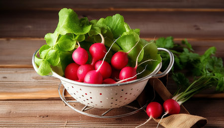 Bunch of fresh radishes in a colander on wooden backgroundの素材