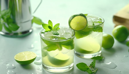 Glasses of mojito with lime and mint on light backgroundの素材