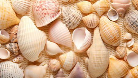 Different sea shells as background, top view. Different types of seashellsの素材