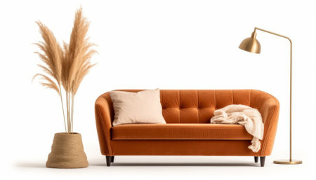 Comfortable orange sofa with pillows and a lamp isolated on white backgroundの素材