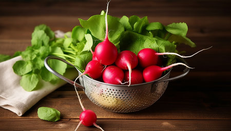 Fresh radishes in a metal colander on a wooden background.の素材