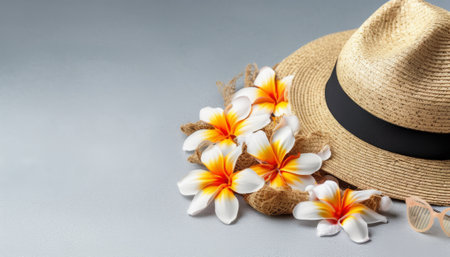 Straw hat with frangipani flower on gray background.の素材