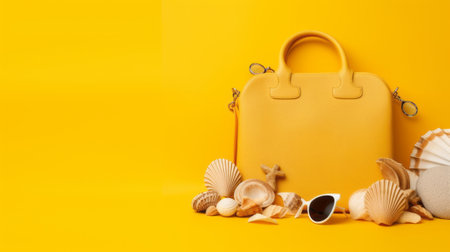 Yellow suitcase, sunglasses and seashells on yellow background with copy spaceの素材