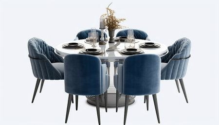Modern dining room with blue armchairs and round table. 3d renderingの素材