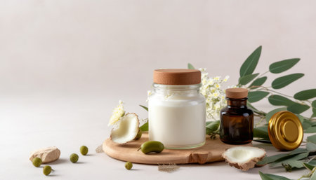 Natural organic cosmetics with eucalyptus, nuts and olive oil.の素材