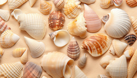Seashells on sand as background, top view. Sea vacationの素材