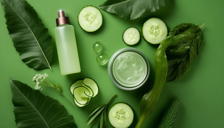 cosmetic cream with cucumber, aloe vera and leaves on green backgroundの素材